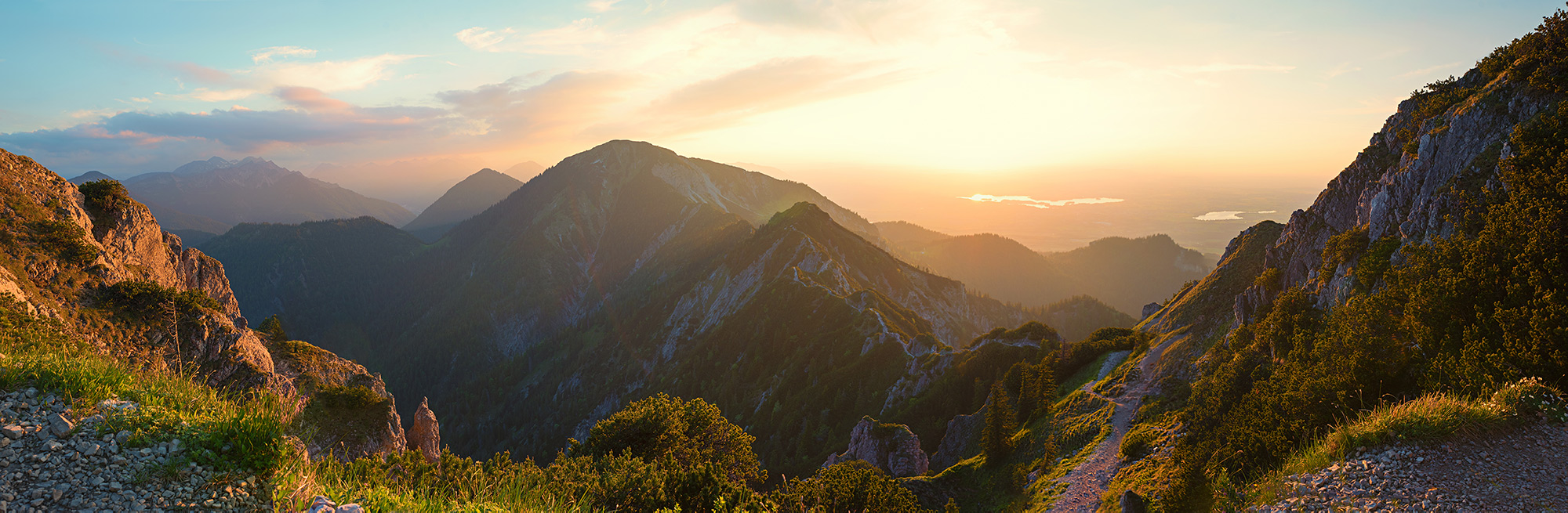 Beautiful mountain vista - mountain range with sunset behind